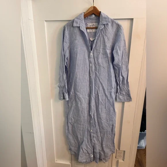 Frank & Eileen Rory Blue Stripe Lived in Linen Maxi Shirt Dress Size S - Picture 3 of 5